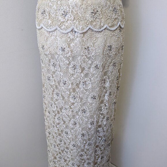 80s Beige Beaded Prom Dress Peplum Dress Floral Lace Formal Gown Vintage Dress - Picture 5 of 14
